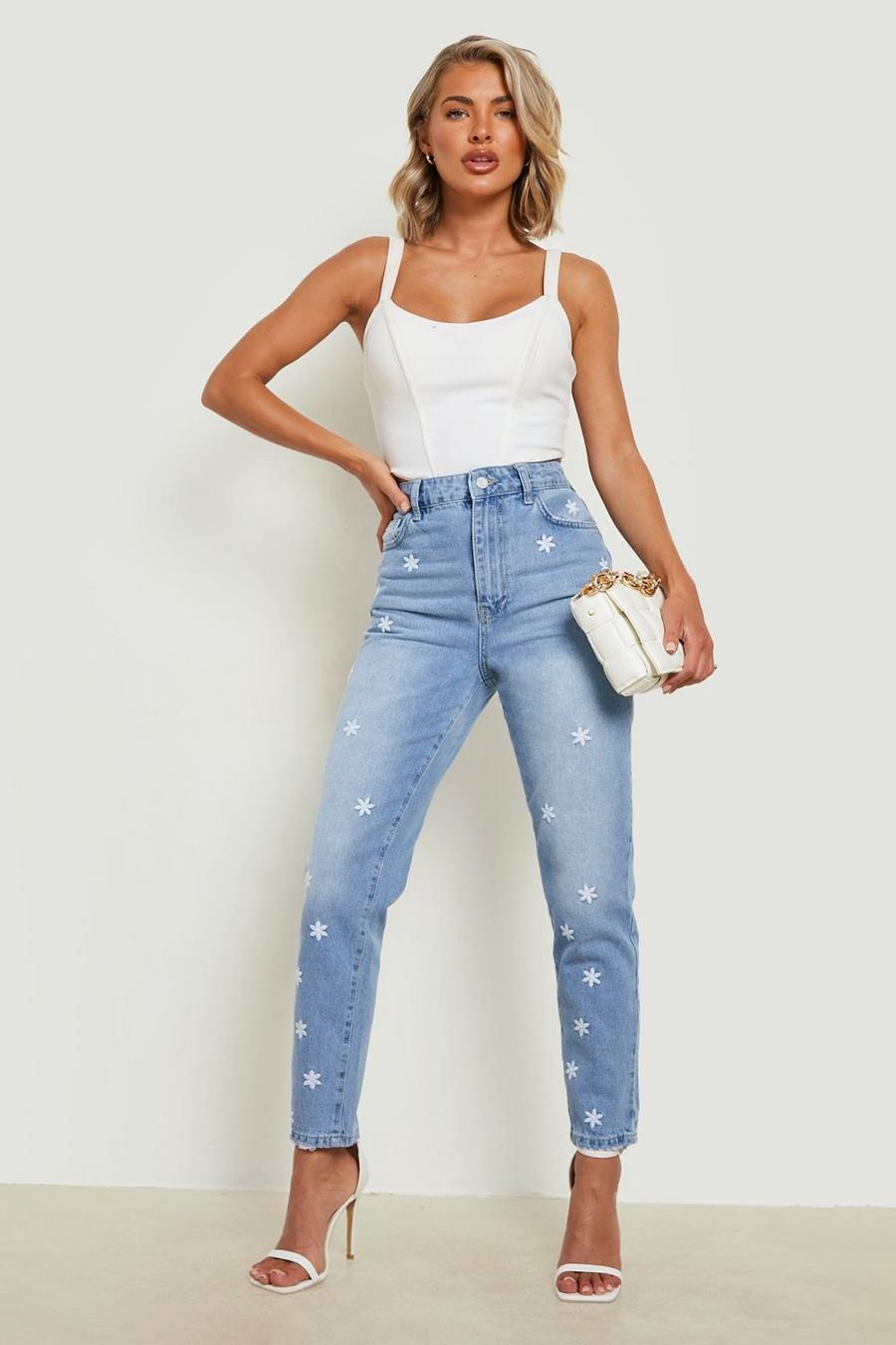 Light wash Daisy Embroidered Mom Jeans image number 1
