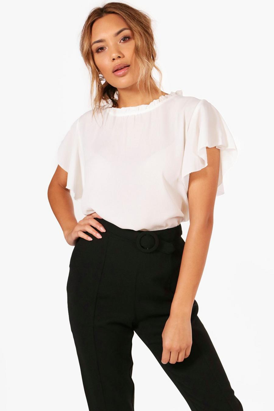 Ivory blanco Woven Frill Sleeve & Neck Blouse