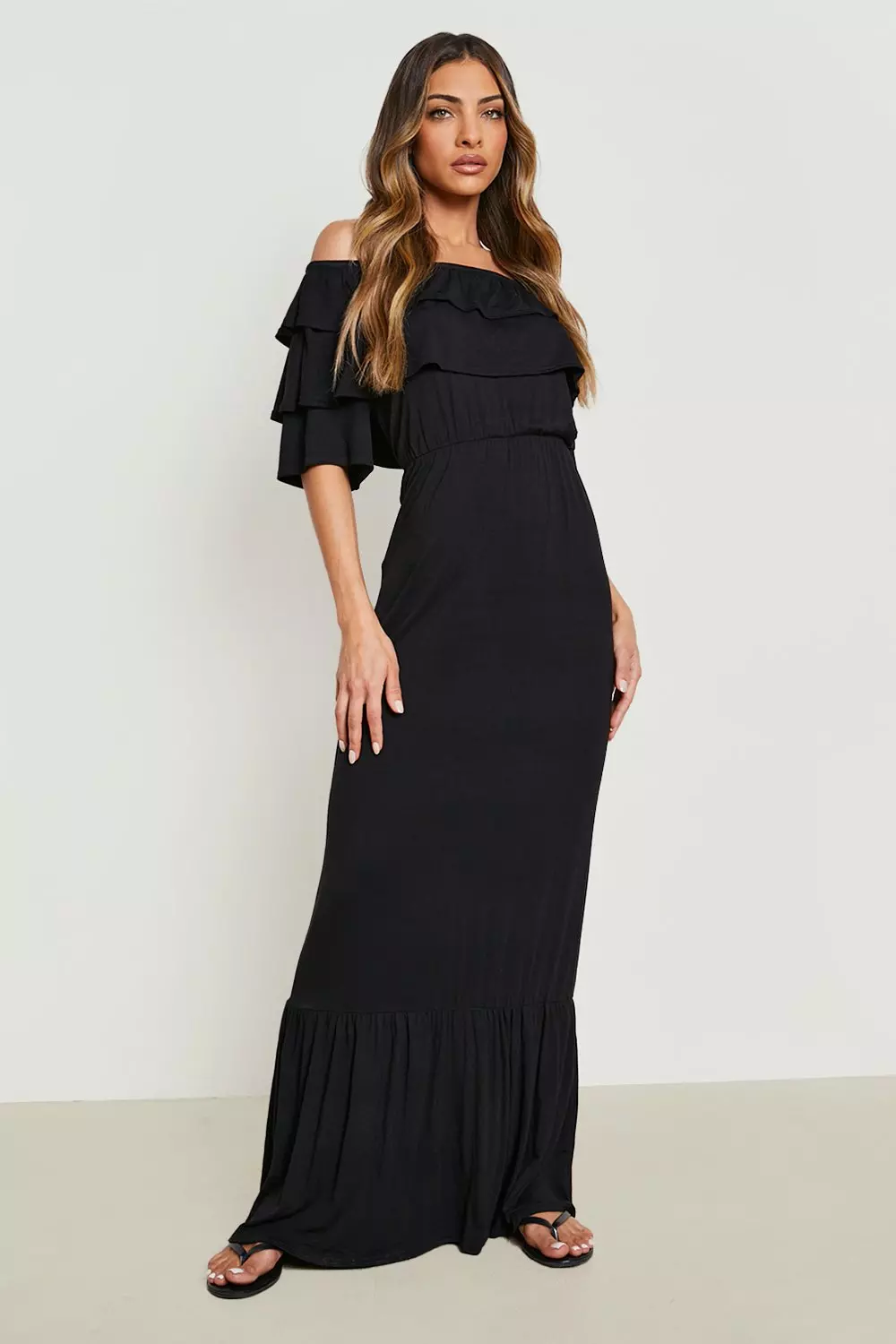 Boohoo off the shoulder maxi dress best sale