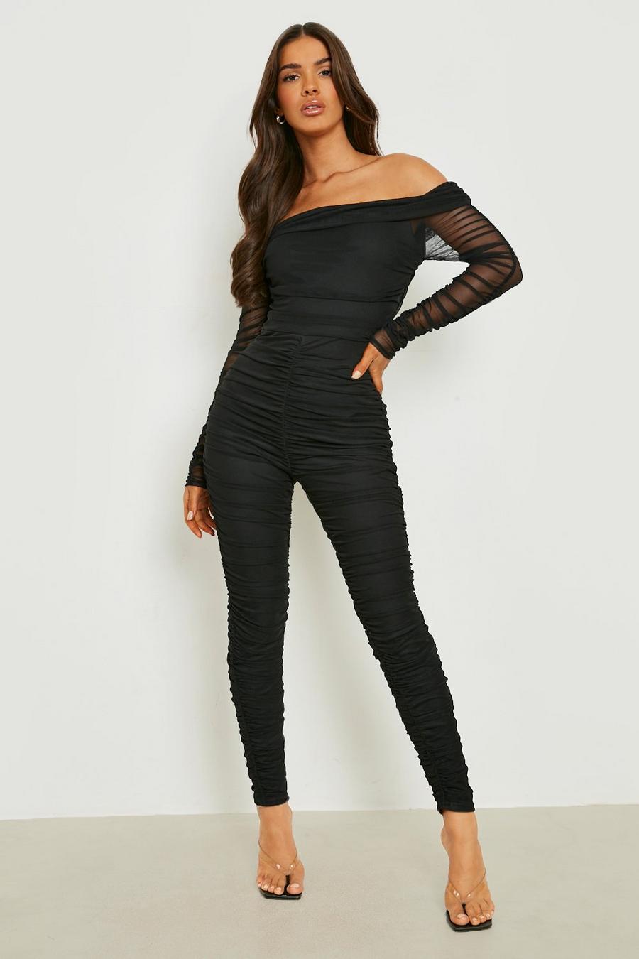 Black Mesh Bardot Ruched Fitted Jumpsuit