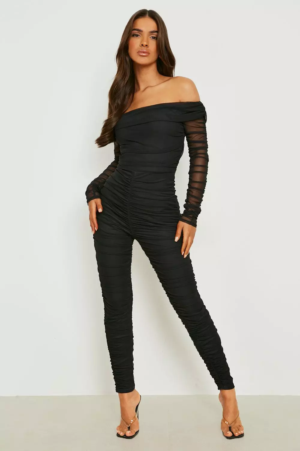 Black ruched mesh bardot jumpsuit store