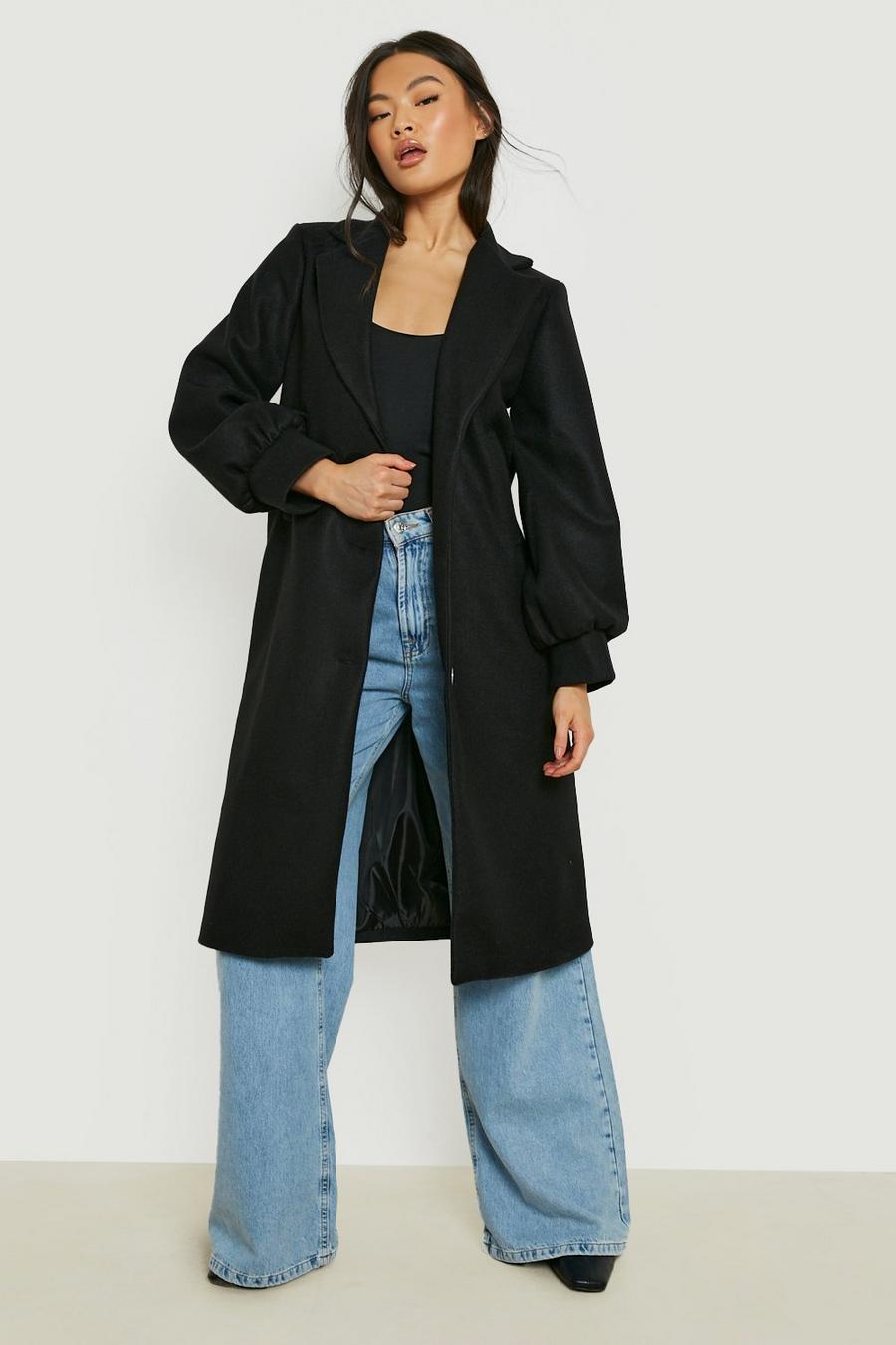 Black Volume Sleeve Wool Look Coat
