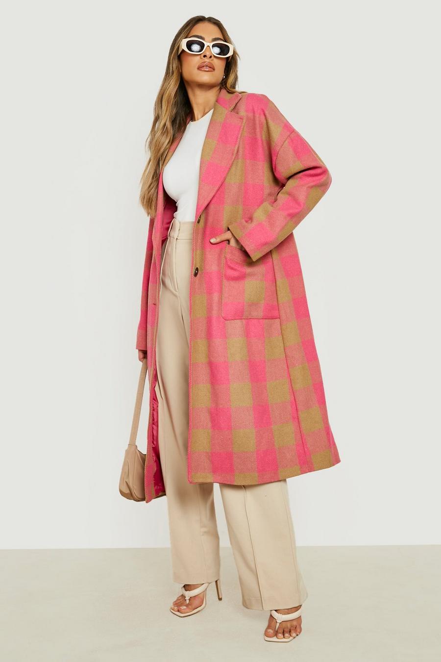 Hot pink rosa Bright Check Wool Look Coat