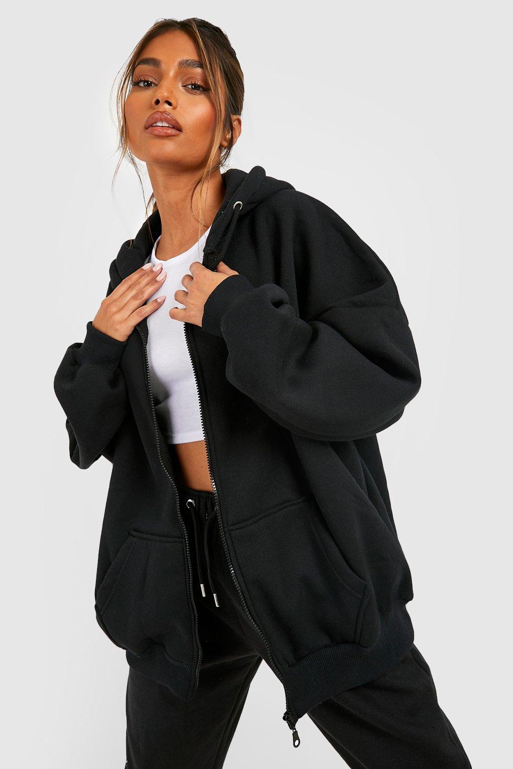 Black Super Oversized Zip Through Hoodie