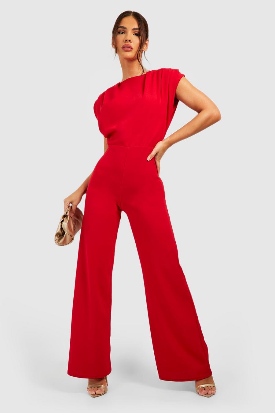 Red Ruched Detail Wide Leg Jumpsuit image number 1