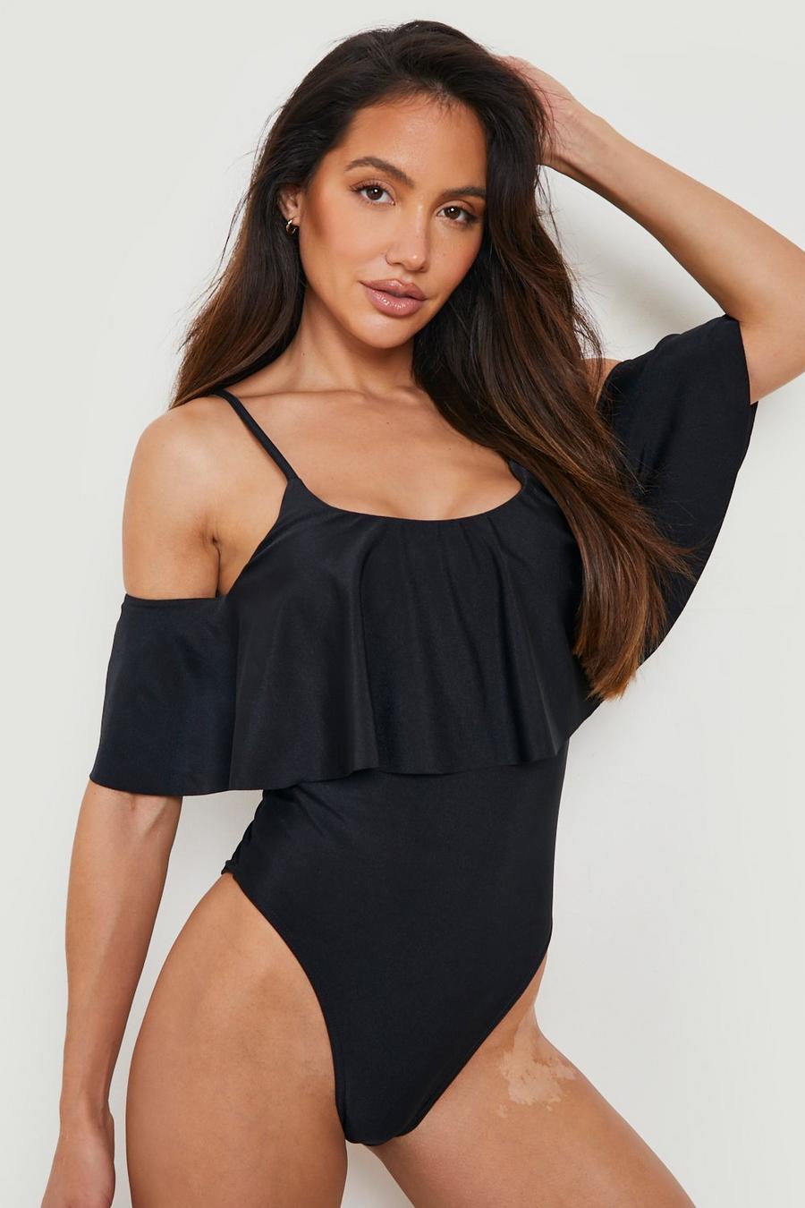 Black Drape Sleeve Frill Swimsuit image number 1