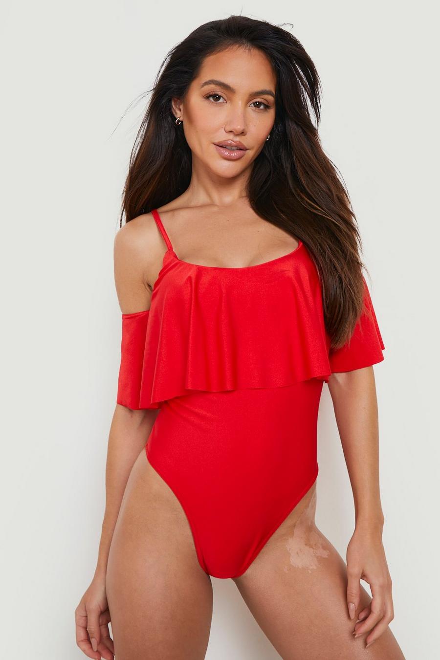Red Drape Sleeve Frill Swimsuit