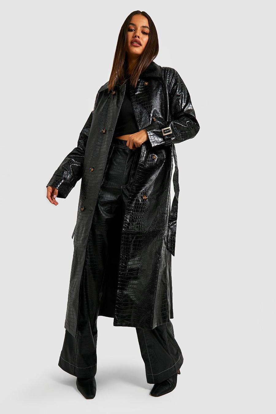 Black Faux Leather Longline Trench Coat image number 1