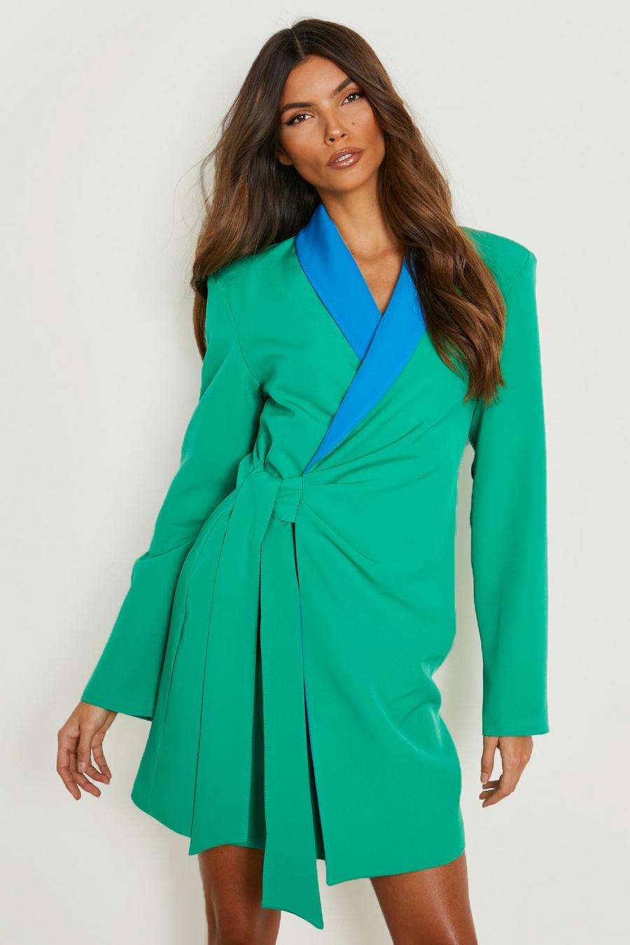 Green Colour Block Belted Wrap Blazer Dress  image number 1