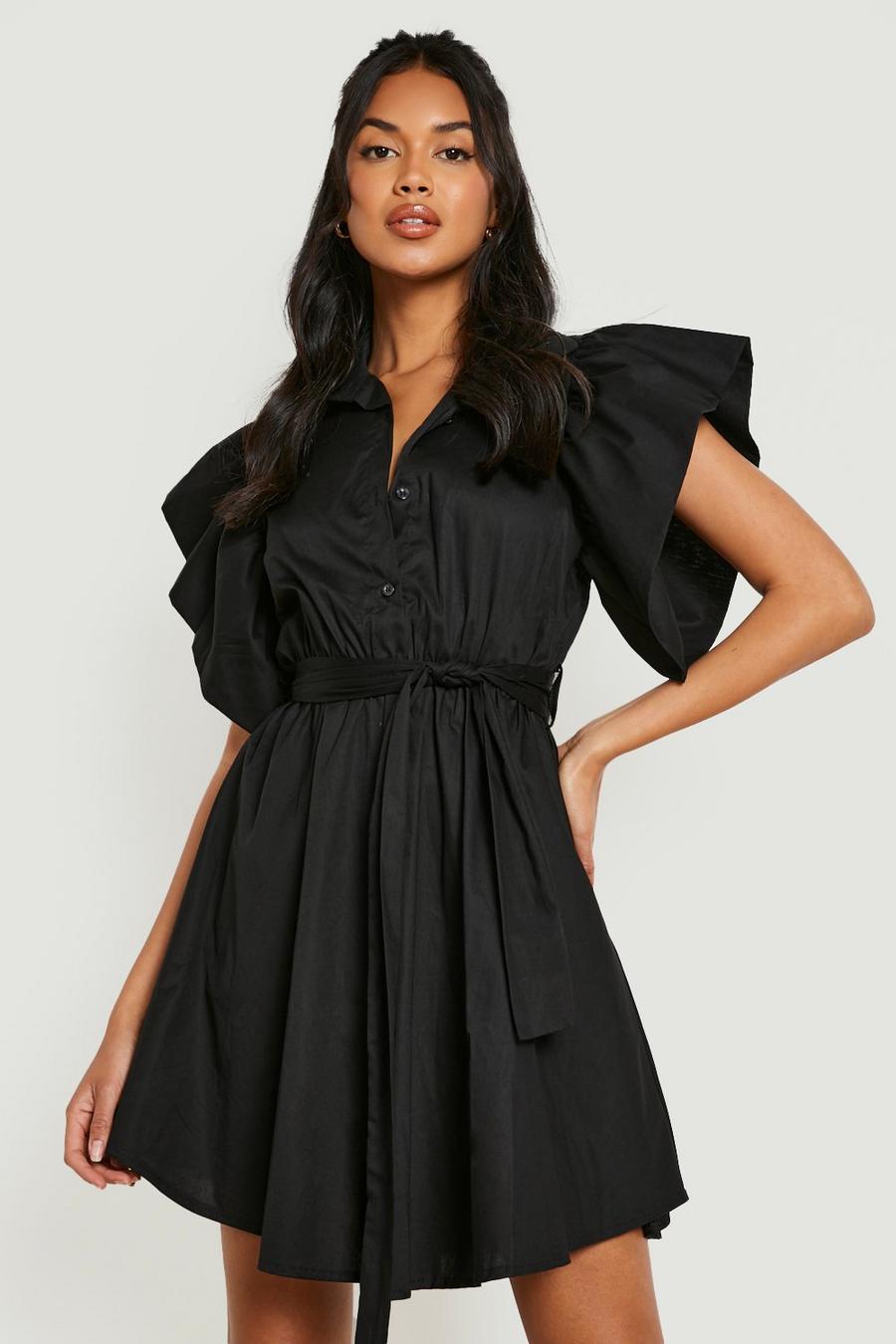 Black Cotton Poplin Frill Sleeve Belted Shirt Dress