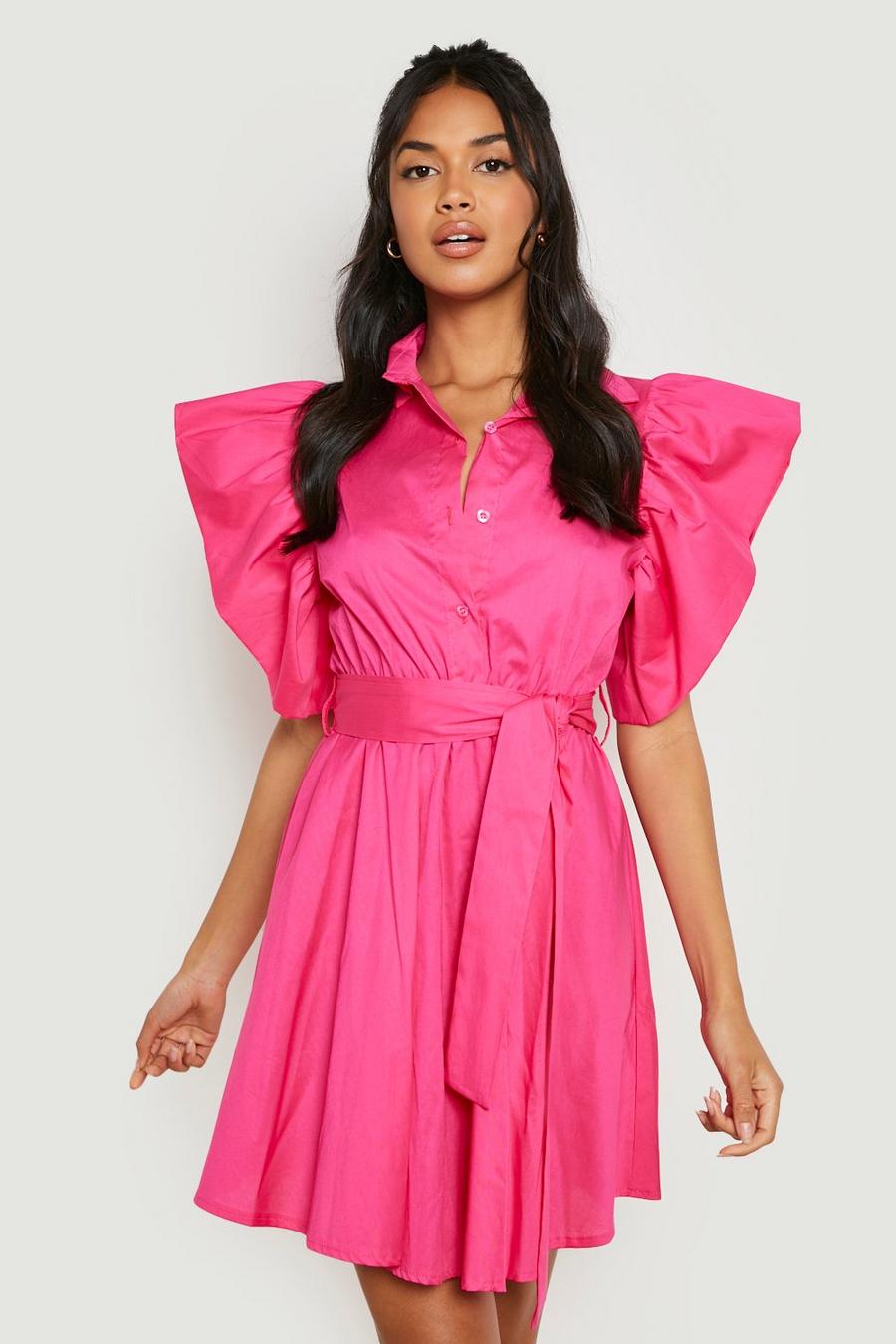 Bright pink Cotton Poplin Frill Sleeve Belted Shirt Dress