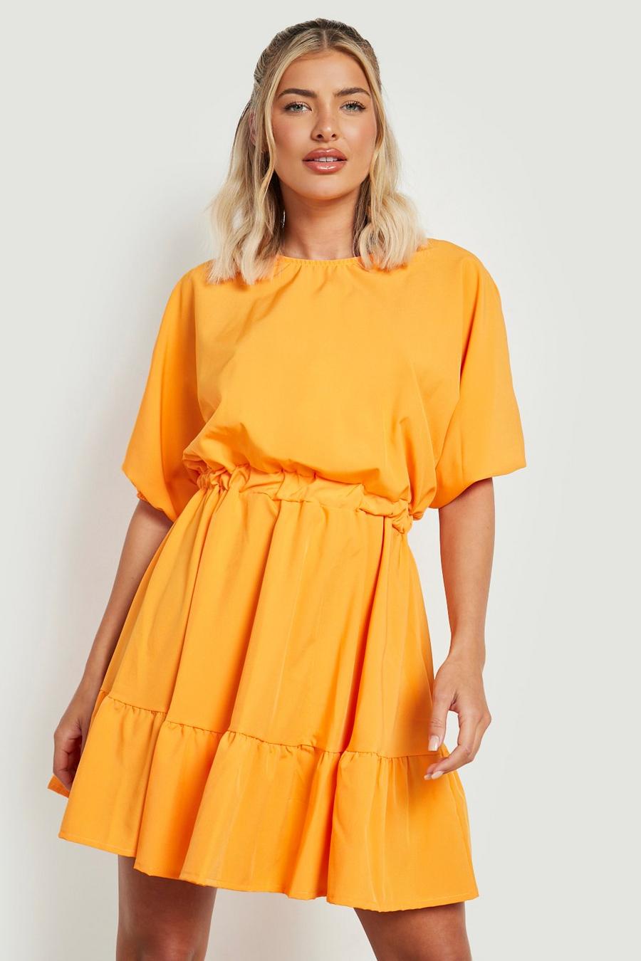 Orange Puff Sleeve Woven Smock Dress image number 1