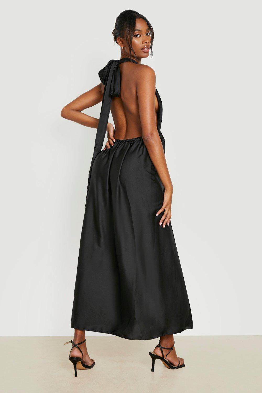 Black Black Halter Satin Open Back Maxi Dress