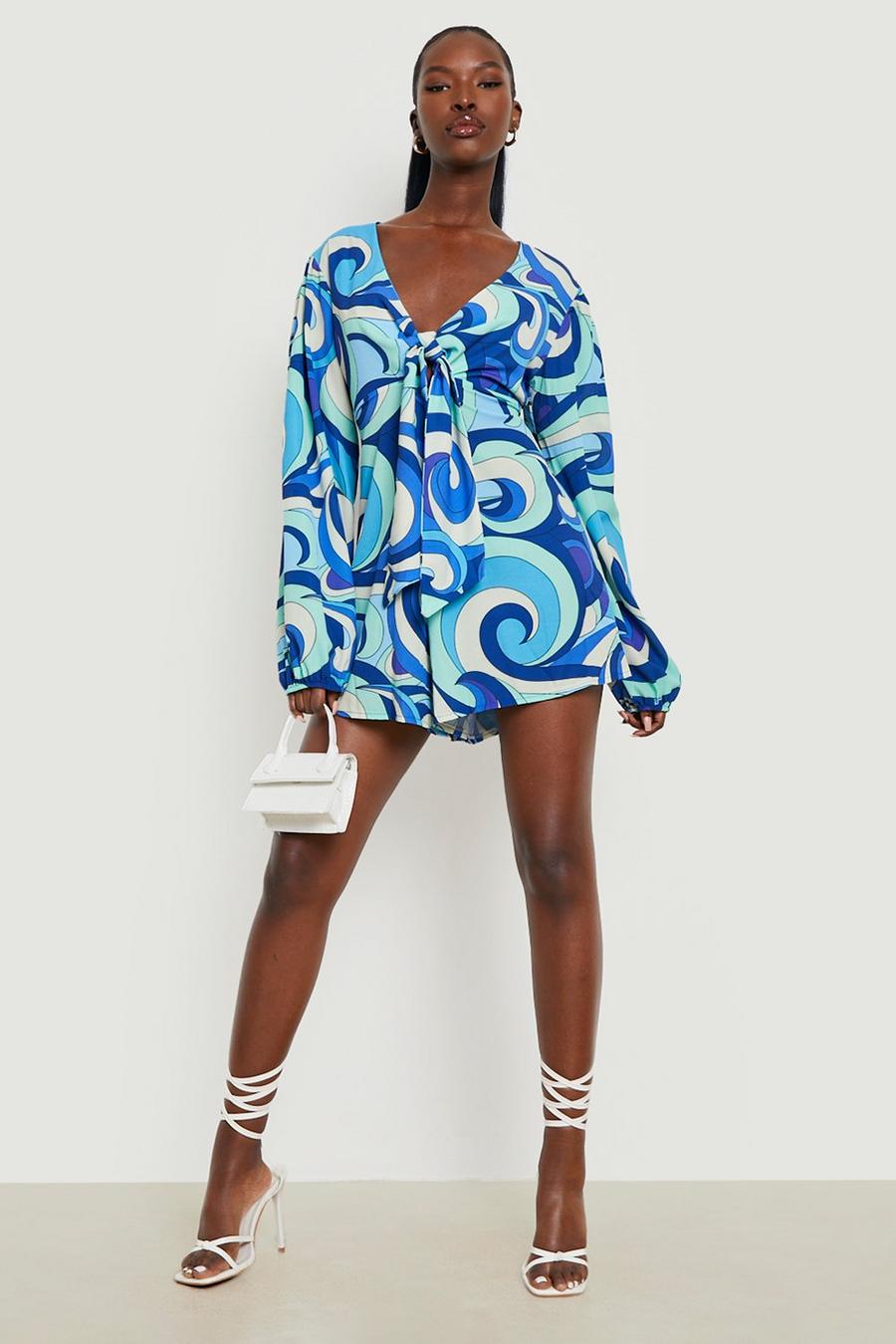 Blue Marble Print Tie Front Playsuit image number 1