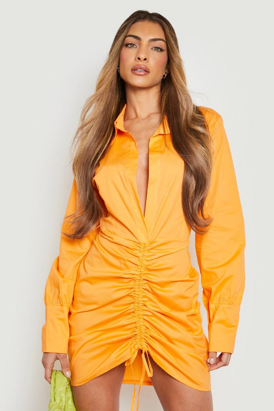 Orange Cotton Ruched Front Shirt Dress image number 1
