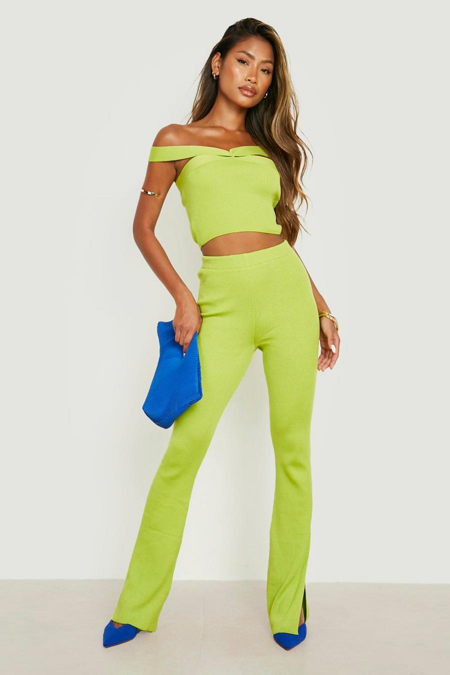 Lime green Off Shoulder Rib Knitted Set