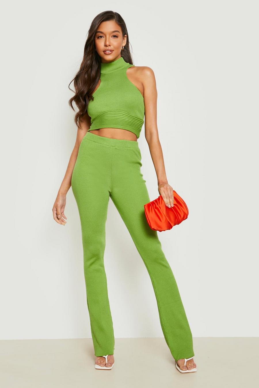 Bright green Racer Halterneck And Flares Rib Knitted Set image number 1