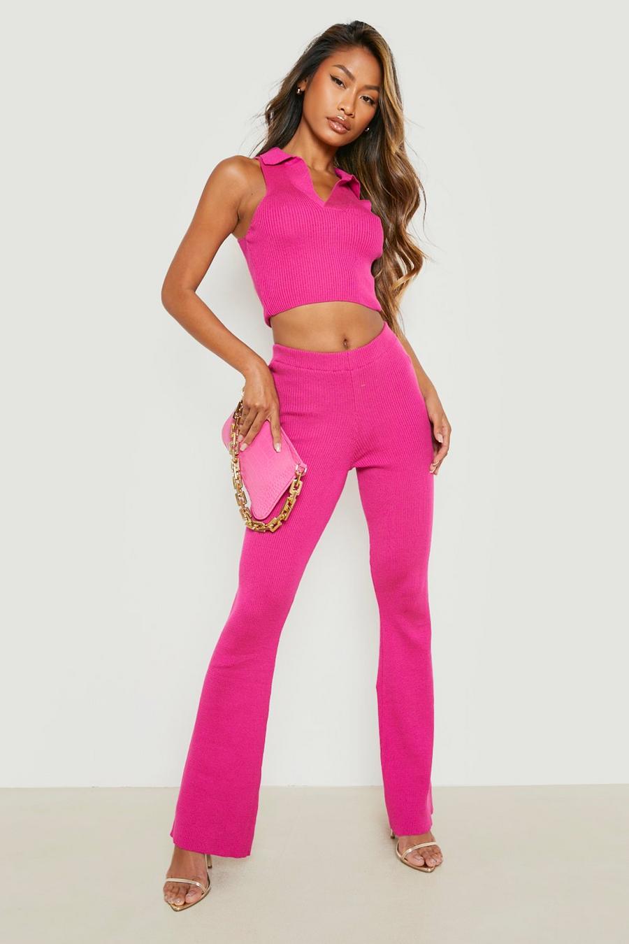 Hot pink Polo Collar Crop And Wide Leg Pants Set
