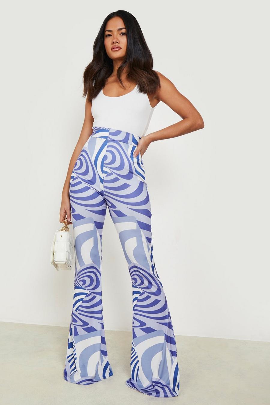 Blue blå Swirl Print Slinky Flare Trouser image number 1