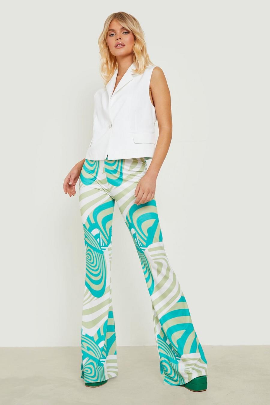 Green Swirl Print Slinky Flare Trouser image number 1