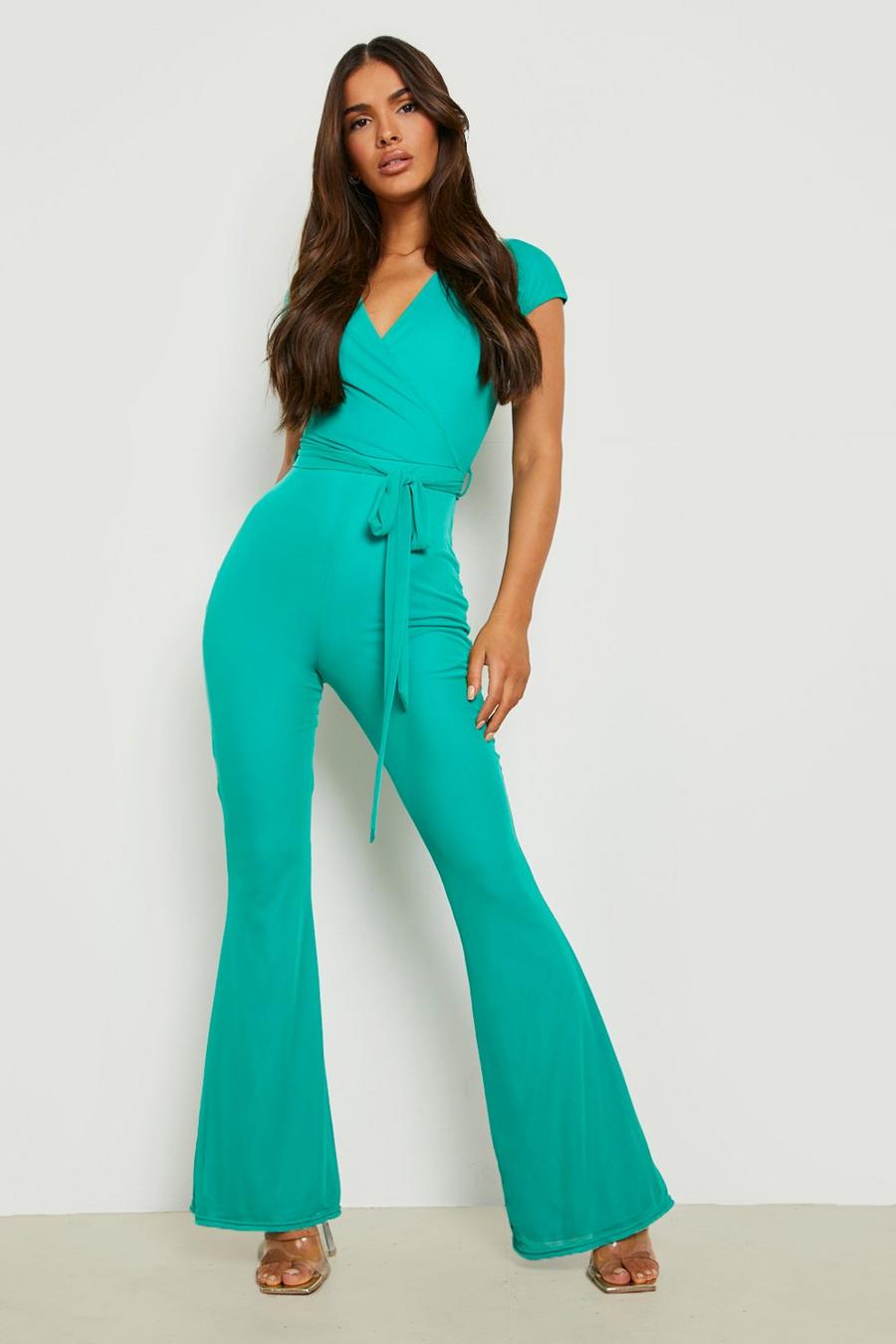 Bright green Mesh Belted Flare Leg Jumpsuit