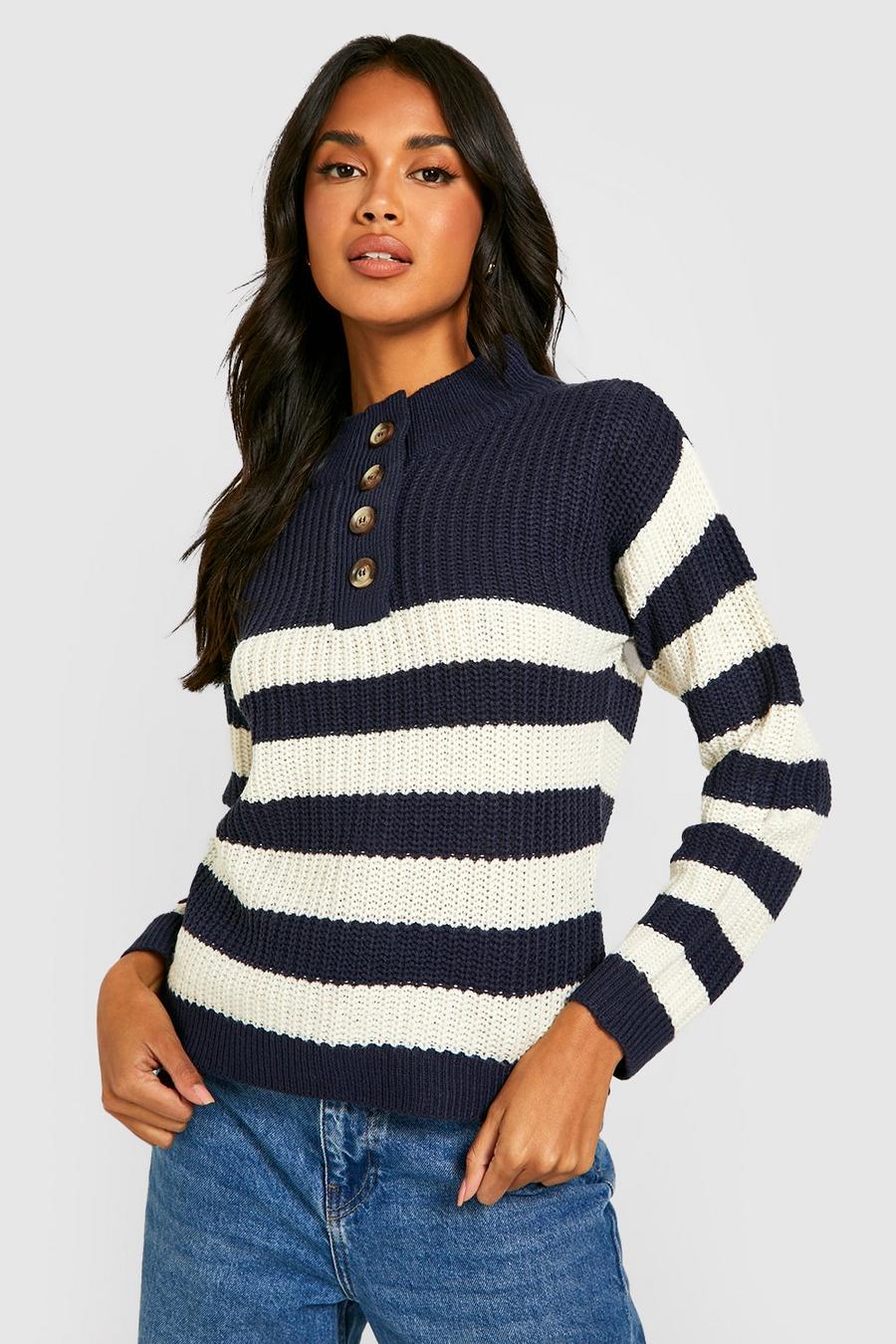 Navy Stripe Button Collar Sweater image number 1