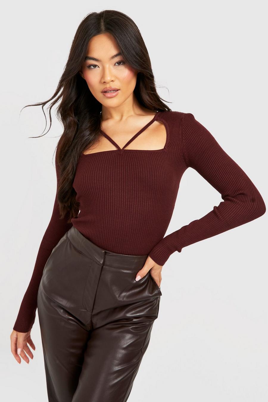 Chocolate Cut Out Strappy Neckline Rib Sweater