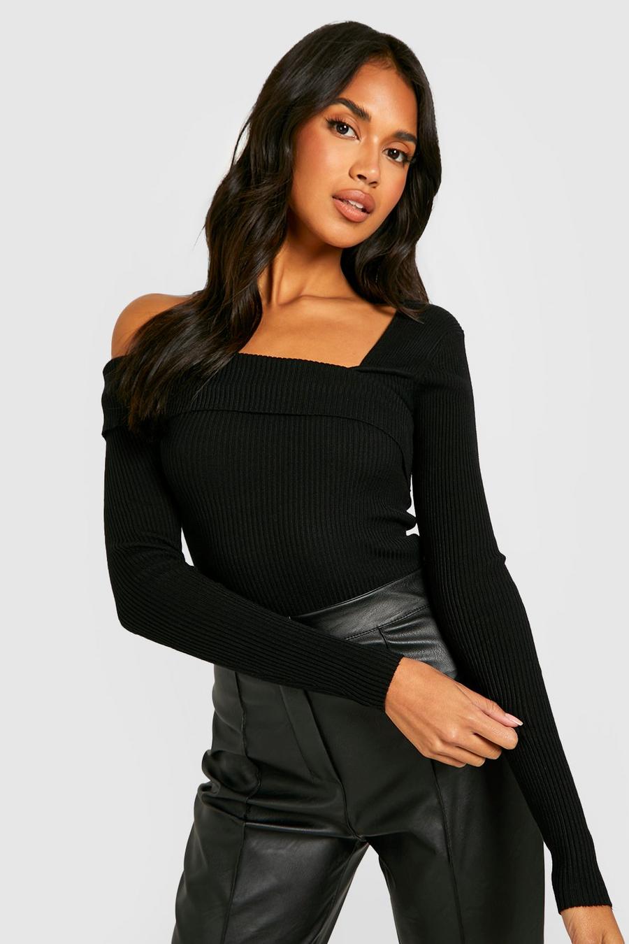 Black Asymmetric Neckline Rib Knitted Sweater
