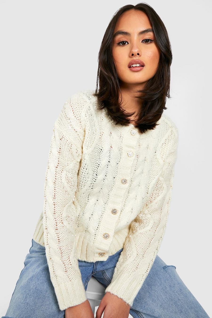 Cream Pearl Detail Cable Knit Cardigan image number 1