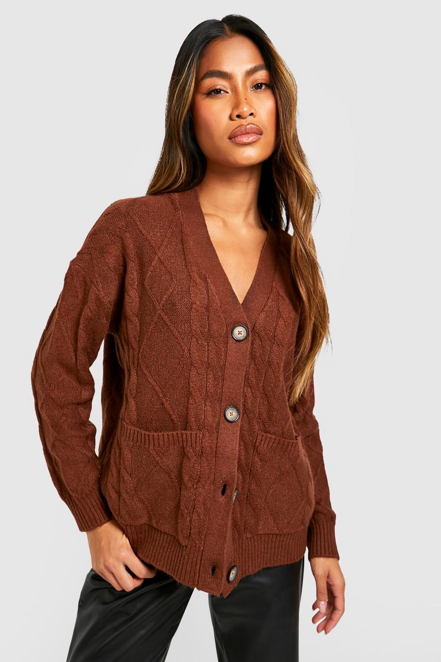 Brown Soft Knit Cable Slouchy Cardigan