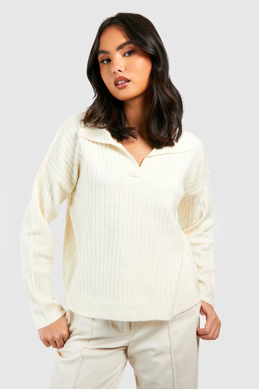 Cream Soft Knit Ribbed Collar Sweater image number 1