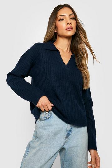 Soft Knit Ribbed Collar Sweater navy