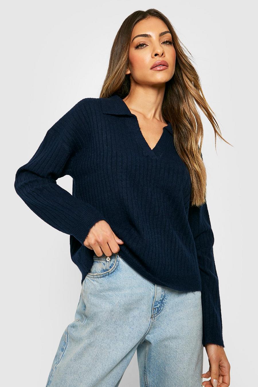 Navy Soft Knit Ribbed Collar Sweater image number 1