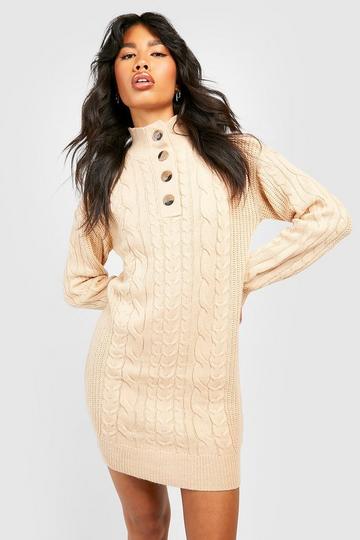 Button Neckline Cable Knitted Sweater Dress biscuit