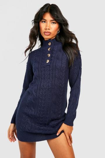 Button Neckline Cable Knitted Sweater Dress navy