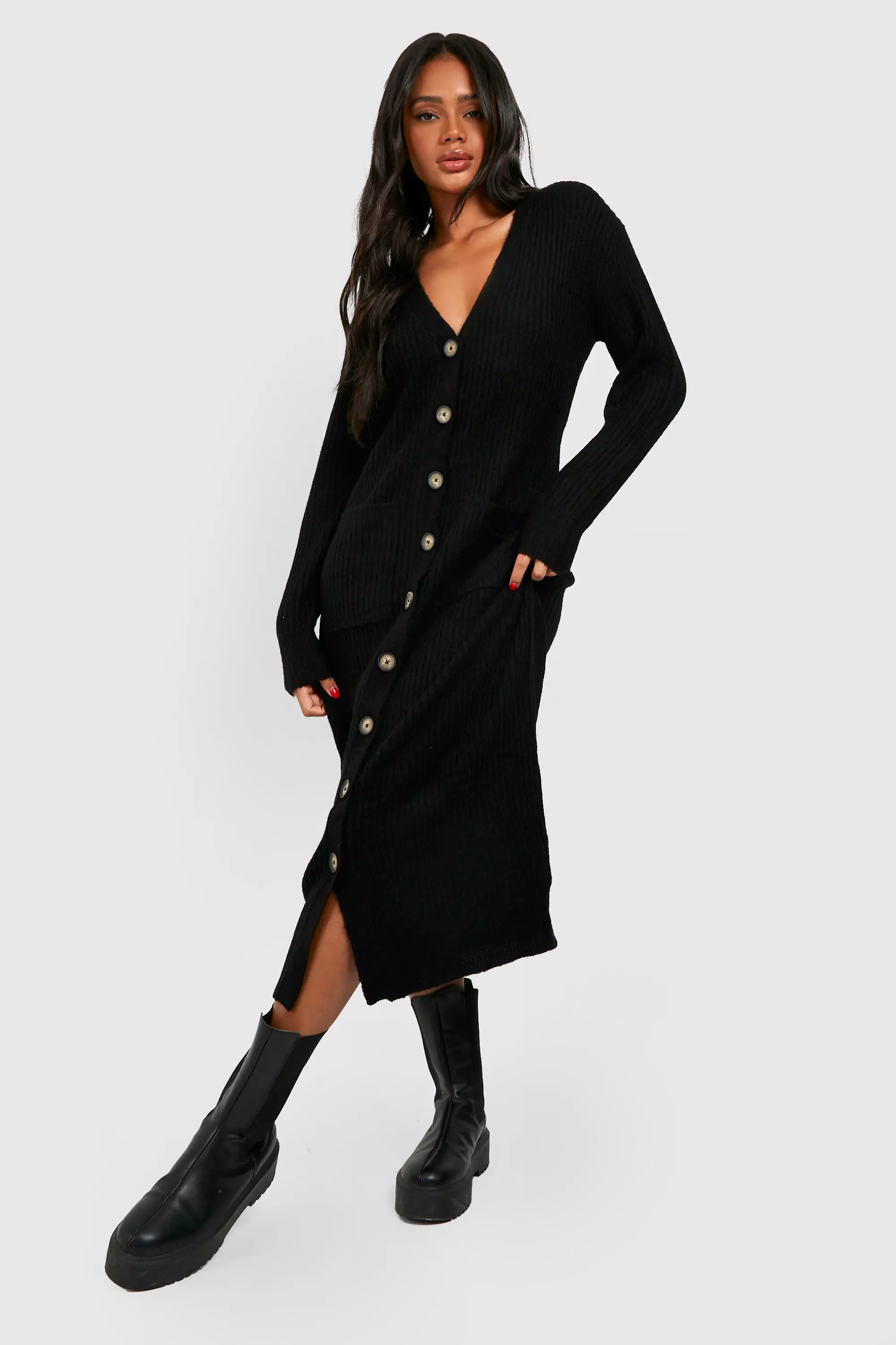 Black Soft Knit Button Through Midi Knitted Dress alternative image