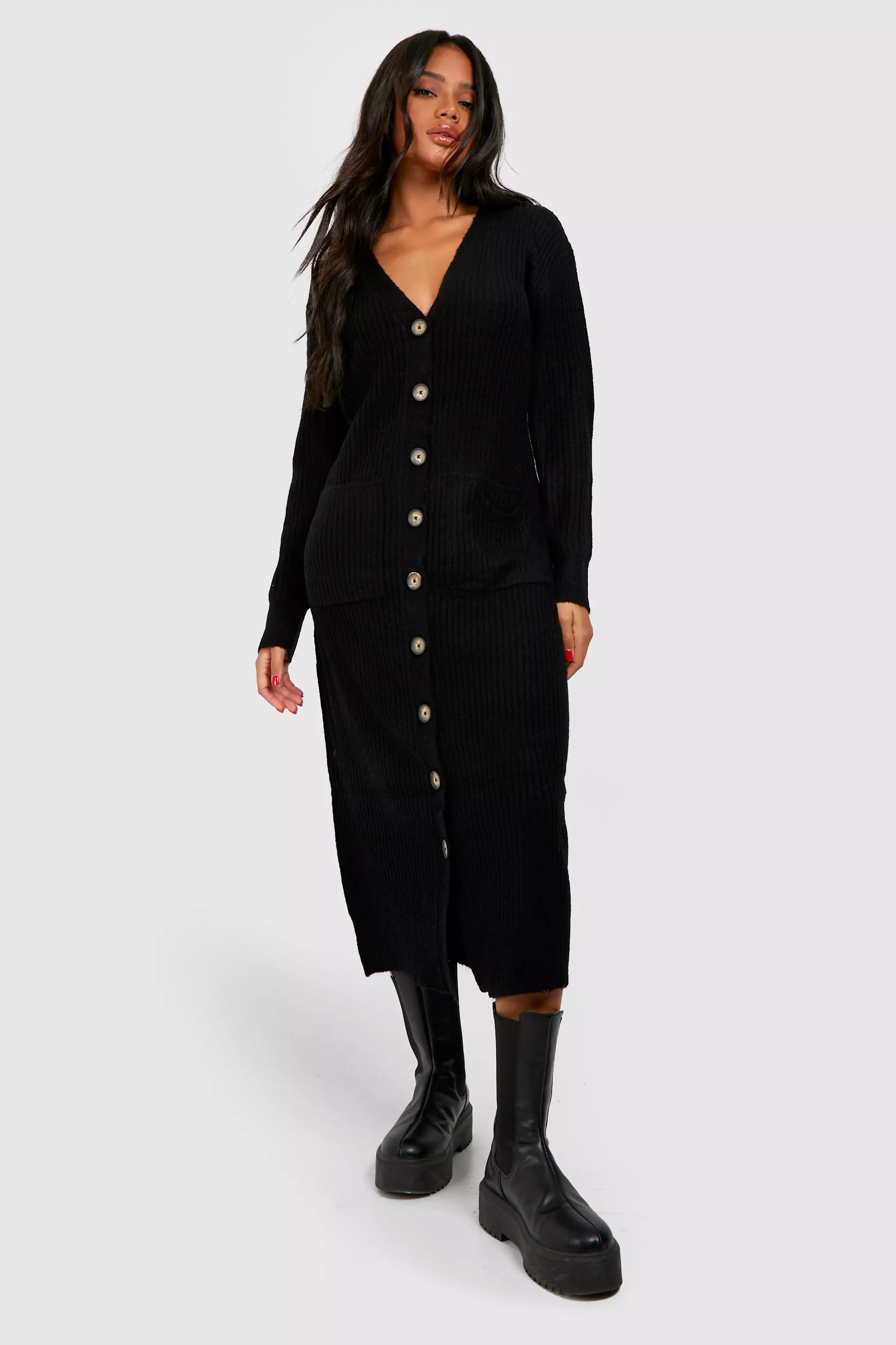 Black Soft Knit Button Through Midi Knitted Dress alternative image
