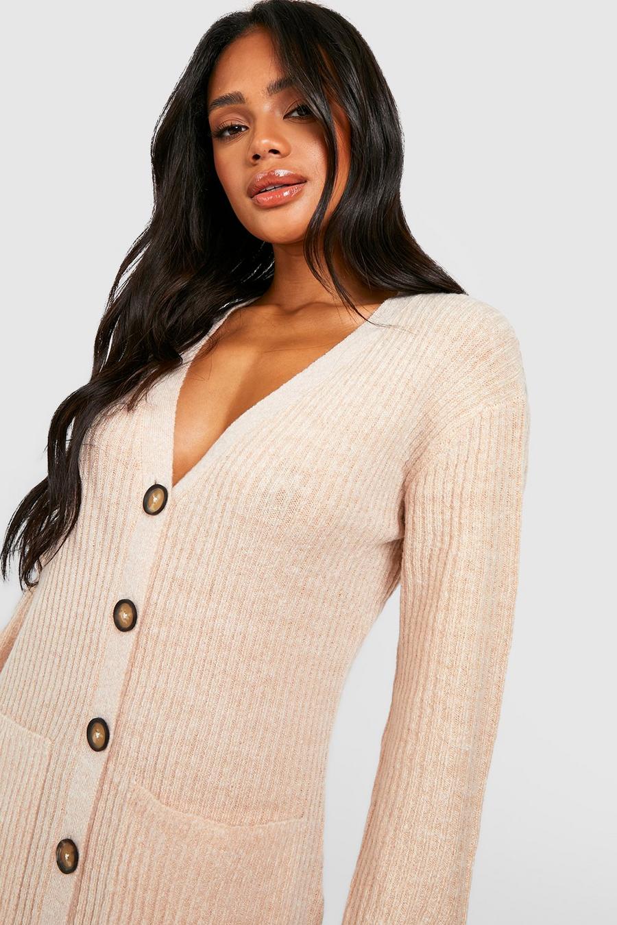 Stone beige Soft Knit Button Through Midi Knitted Dress image number 1