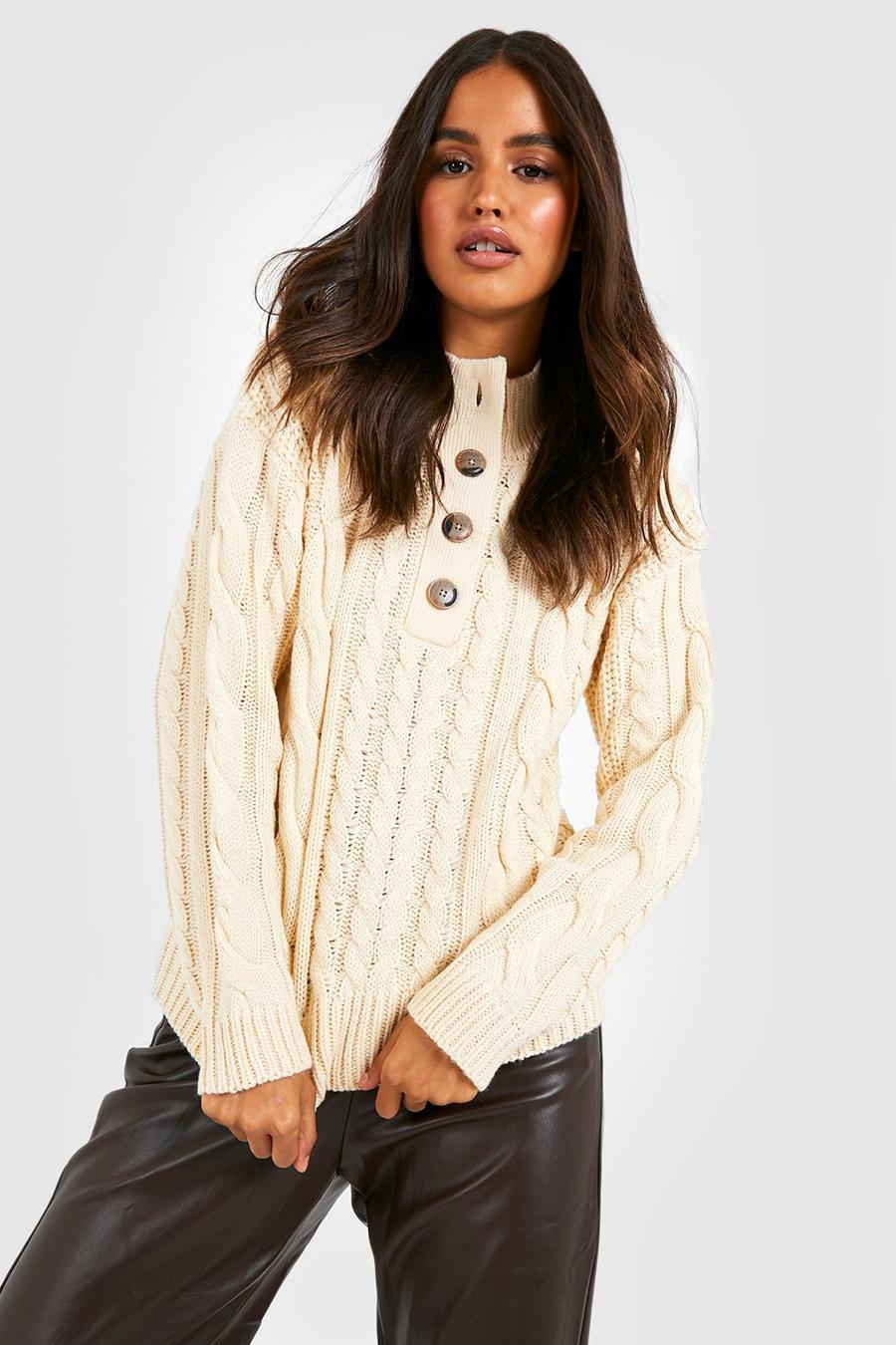 Cream Button Through Cable Knitted Jumper image number 1