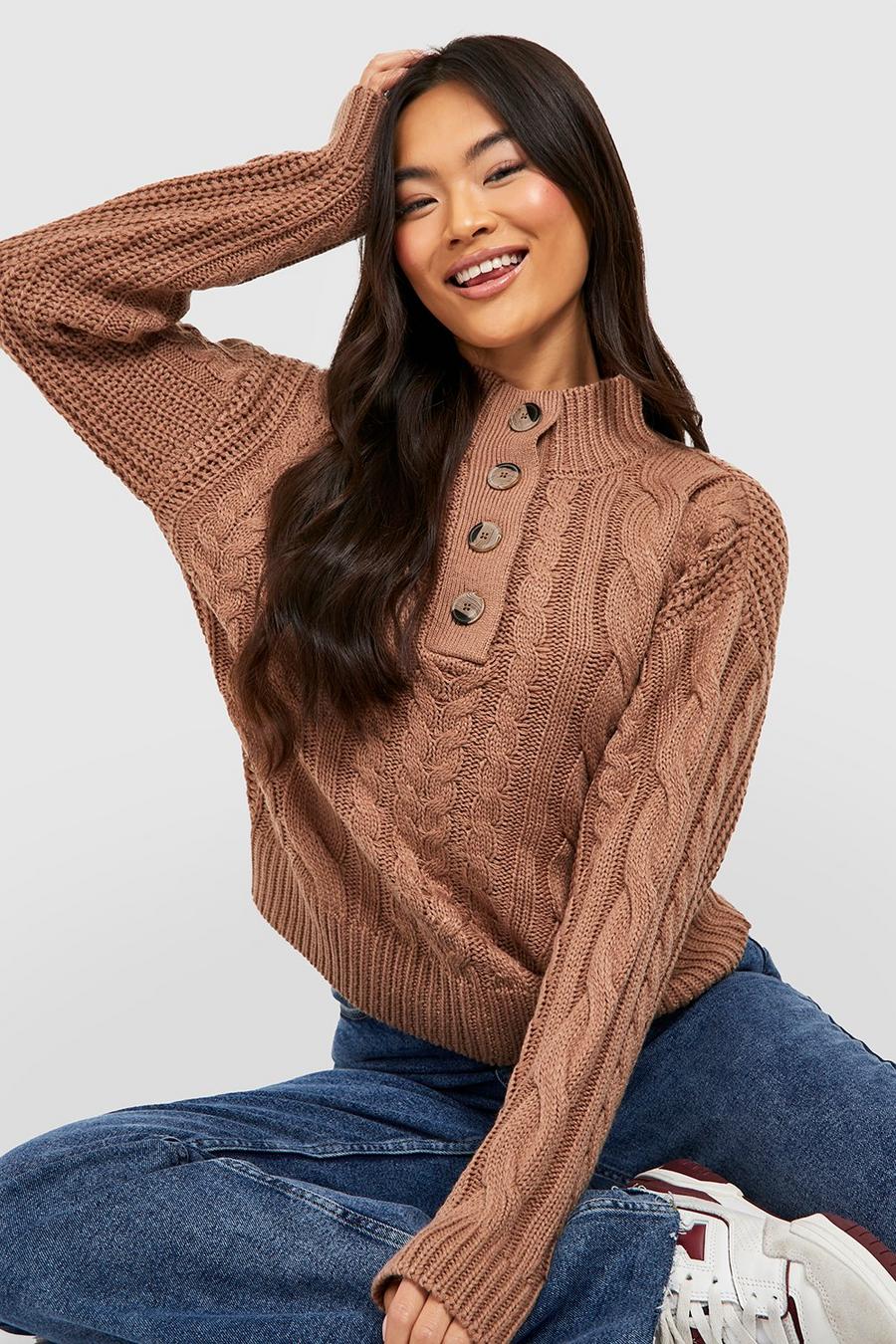 Mushroom beige Button Through Cable Knitted Sweater