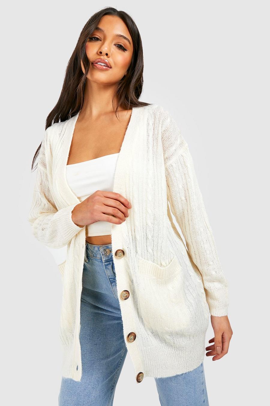 Cream Slouchy Cable Cardigan  image number 1