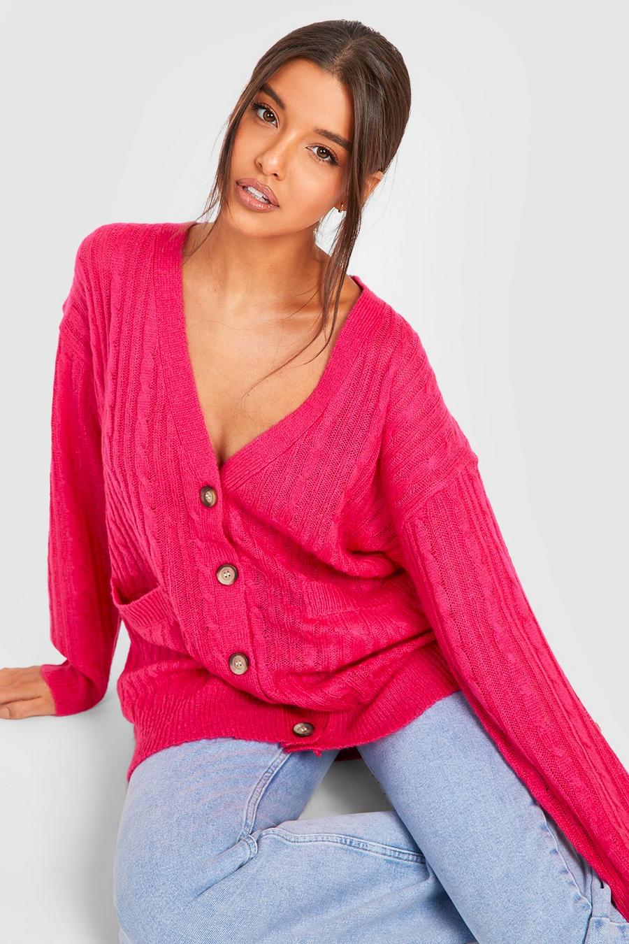 Hot pink Slouchy Cable Cardigan  image number 1