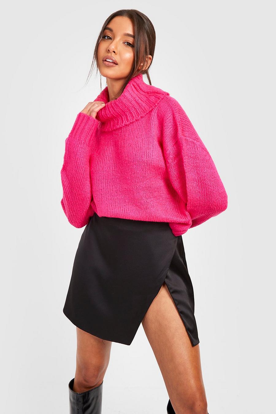 Maglione in colori brillanti con collo alto, Hot pink image number 1
