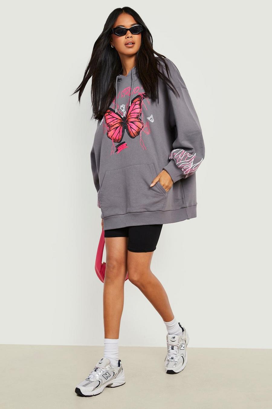 Charcoal Butterfly Graffiti Print Oversized Hoodie  image number 1