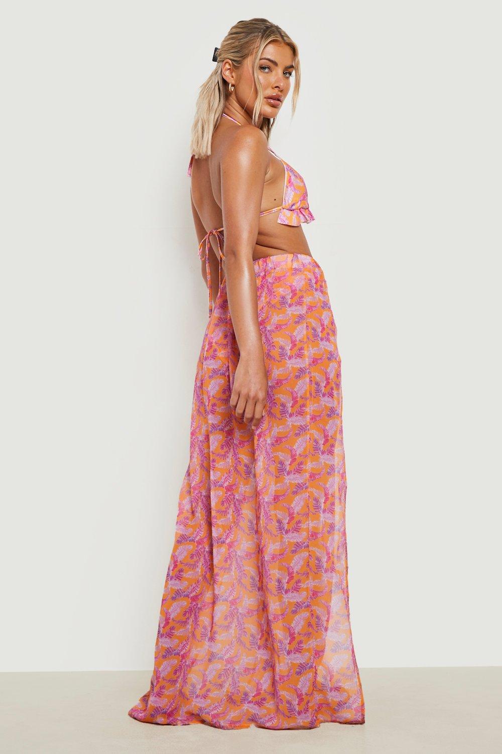 Falda maxi para la playa con abertura y estampado tropical