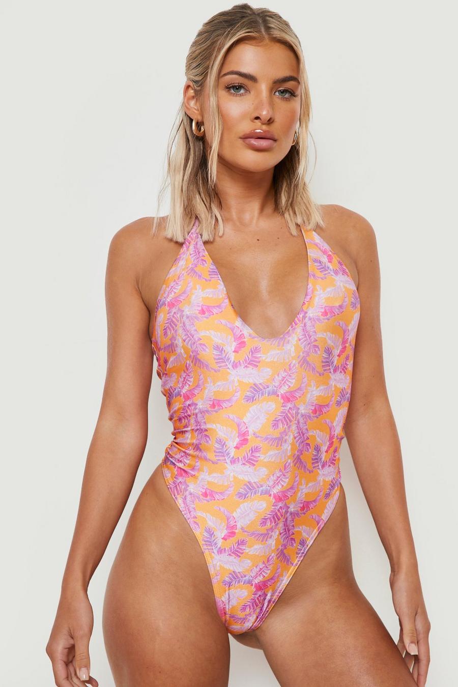 Orange Tropical Strappy Plunge High Leg Swimsuit image number 1