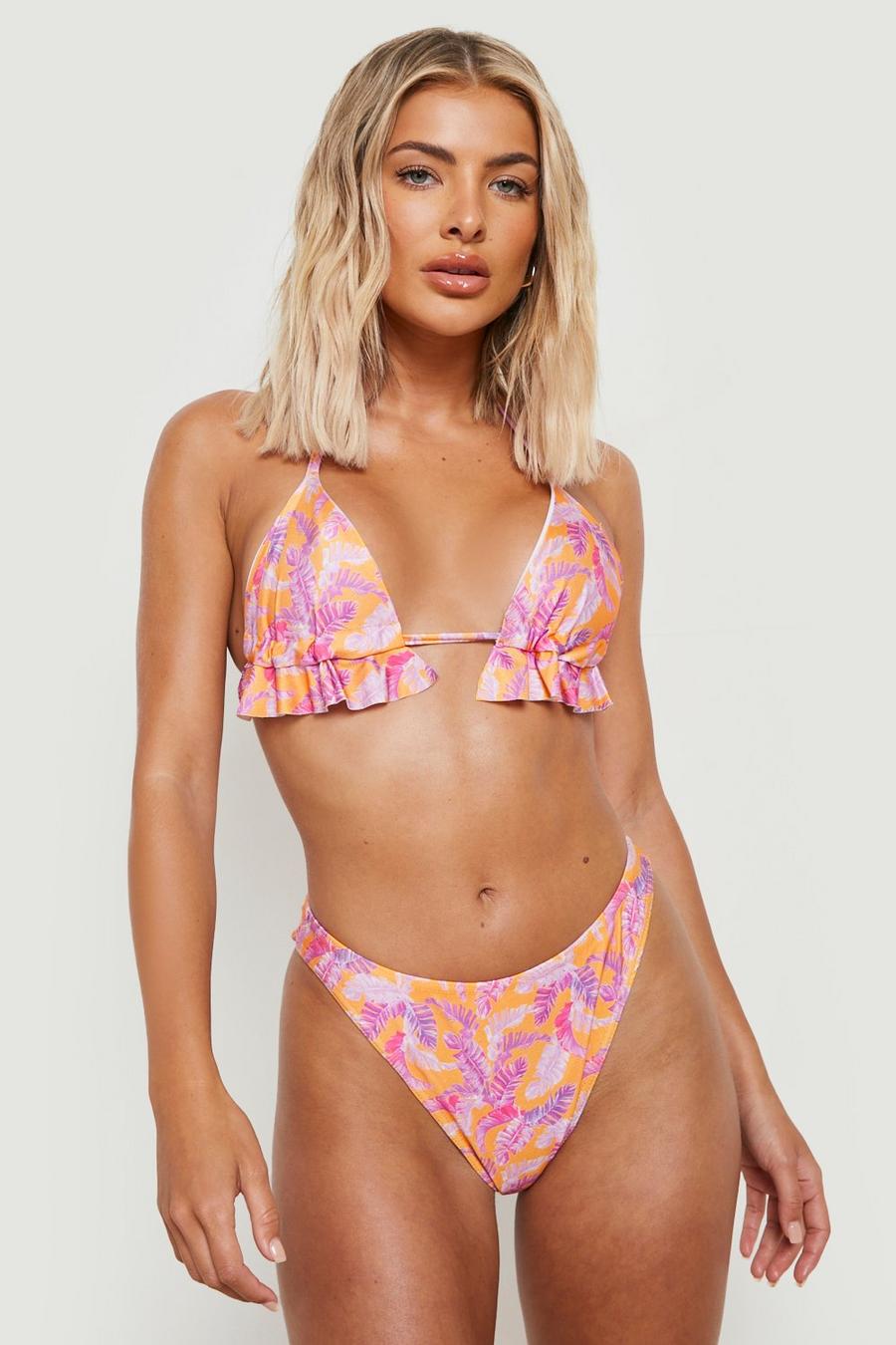 Orange Tropische Driehoekige Bikini Top Met Geplooide Zoom