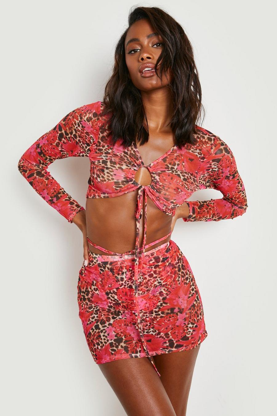 Red Leopard Palm Mesh Channel Beach Coord  image number 1
