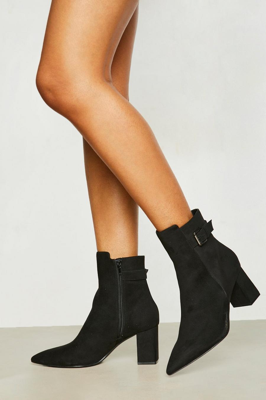Black noir Pointed Toe Buckle Block Heel Boots