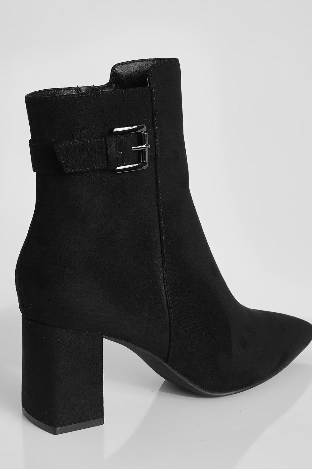 Pointed Toe Buckle Block Heel Boots boohoo NO